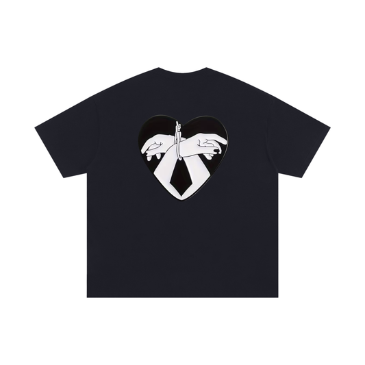 Black graphic T-shirt with heart and restrained hands illustration, back print and chest emblem – Garms.House