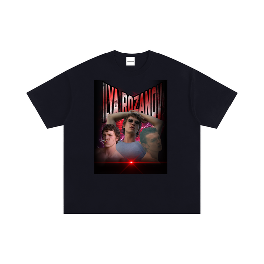 Black graphic T-shirt with Ilya Rozanov character collage print on front – Garms.House