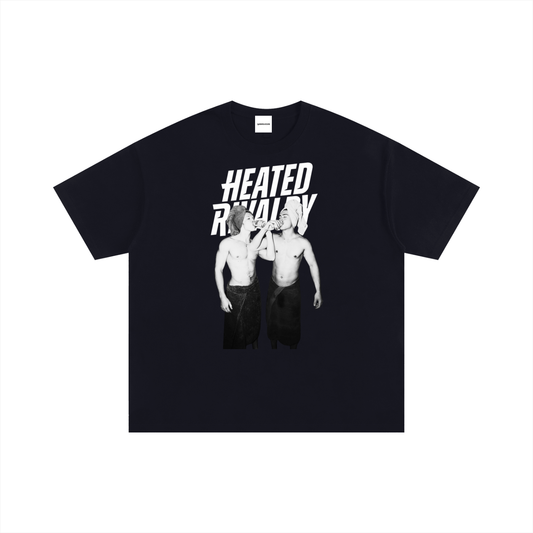 Black graphic tee with minimal poster-style Heated Rivalry print