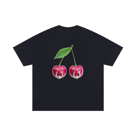Black graphic T-shirt with cherry illustration and metal ring detail – Garms.House