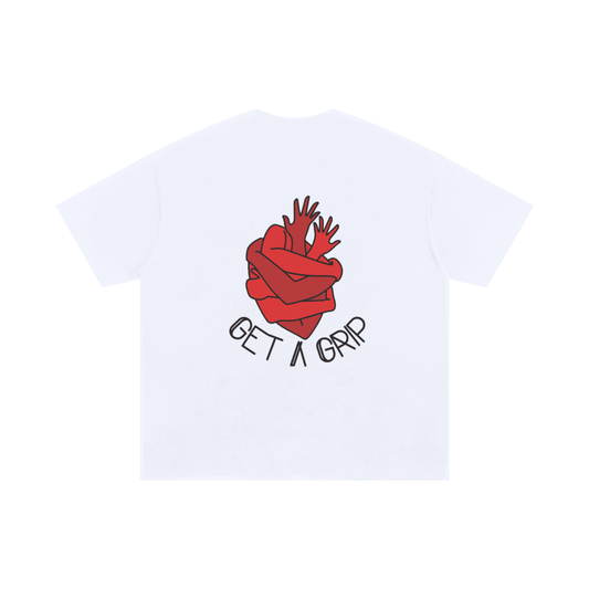 White graphic T-shirt with red heart illustration and “Get a Grip” text – Garms.House