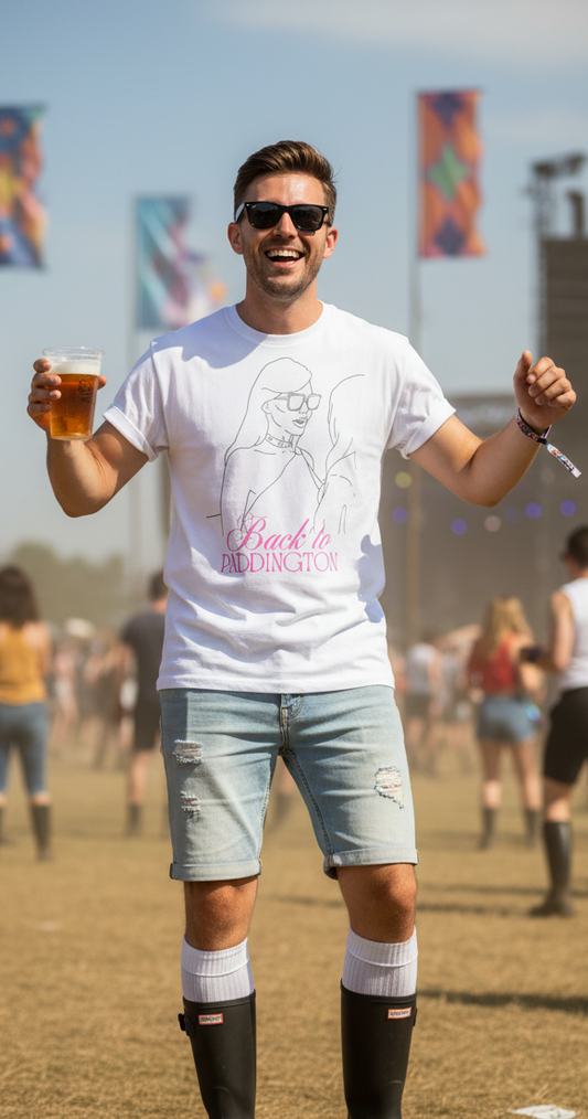 Man at music festival wearing Back to Paddington tee with short wellies and white socks