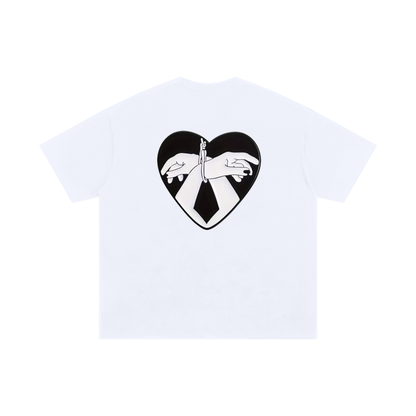 White graphic T-shirt with heart and restrained hands illustration, back print and chest emblem – Garms.House