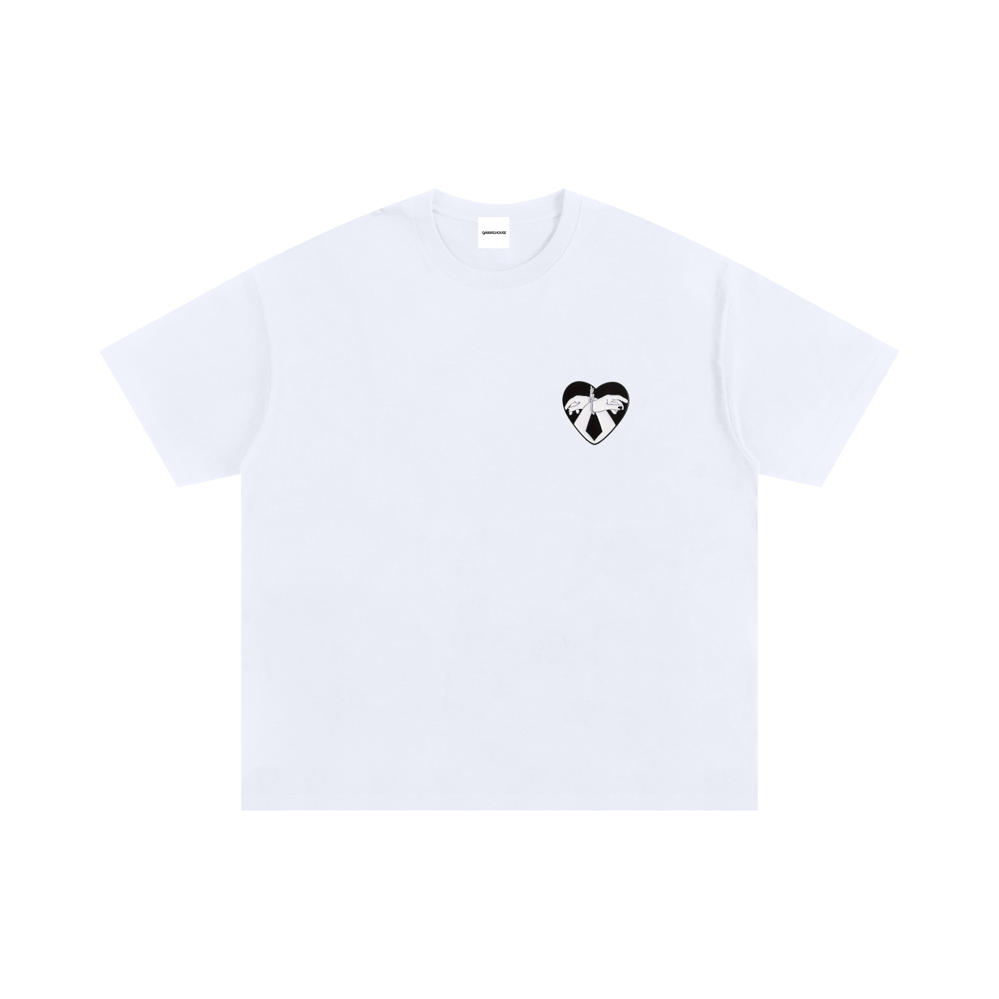 White graphic T-shirt with heart and restrained hands illustration, back print and chest emblem – Garms.House