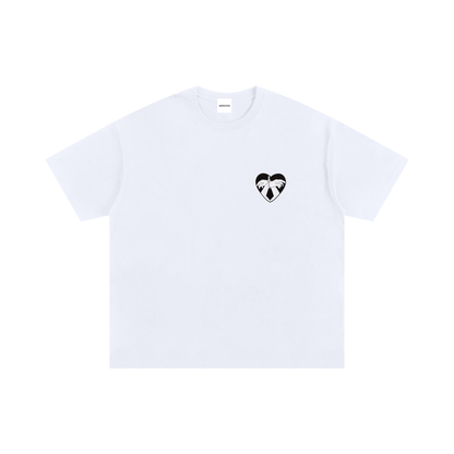 White graphic T-shirt with heart and restrained hands illustration, back print and chest emblem – Garms.House