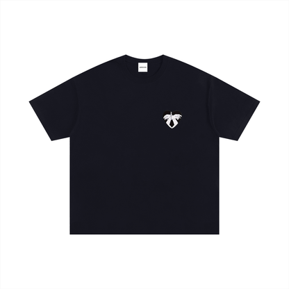 Black graphic T-shirt with heart and restrained hands illustration, back print and chest emblem – Garms.House
