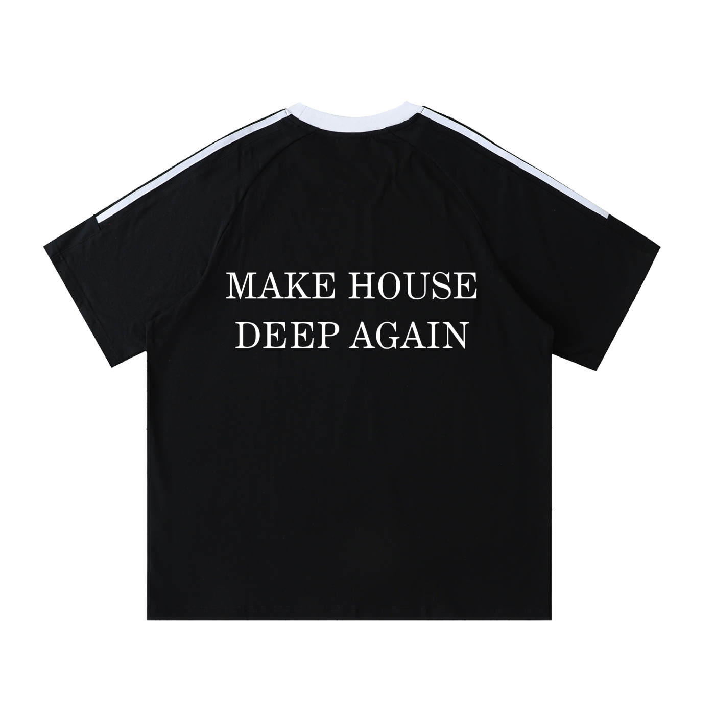 Black graphic T-shirt with “Make House Deep Again” slogan on back – Garms.House