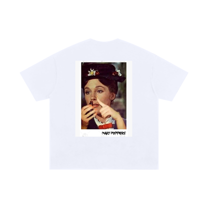 Mary Poppers graphic t-shirt white back print pop culture parody design