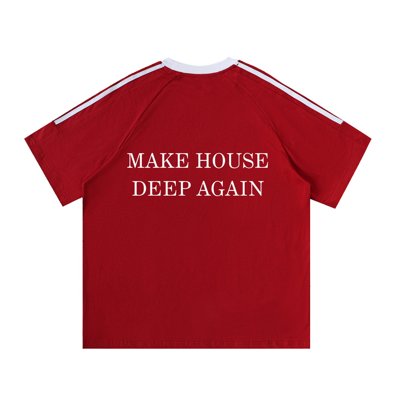 Red graphic T-shirt with “Make House Deep Again” slogan on back – Garms.House