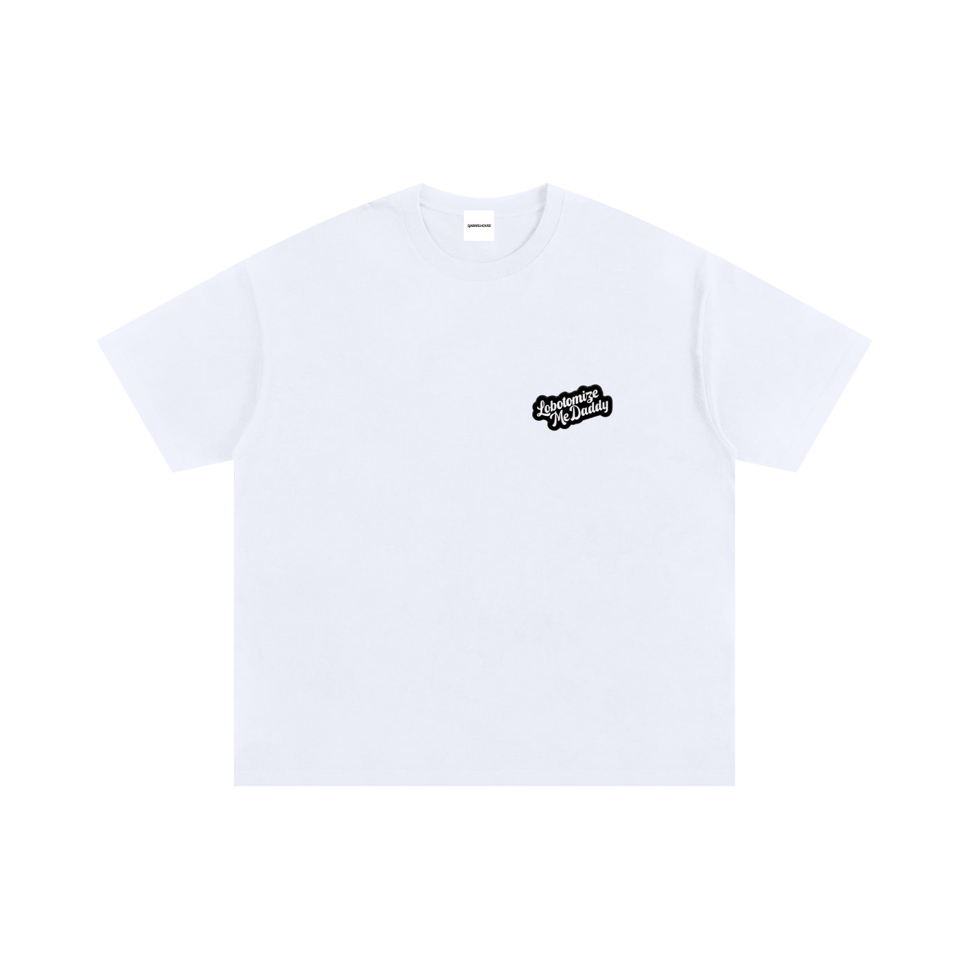 White graphic T-shirt with “Lobotomize Me Daddy” text print on front – Garms.House