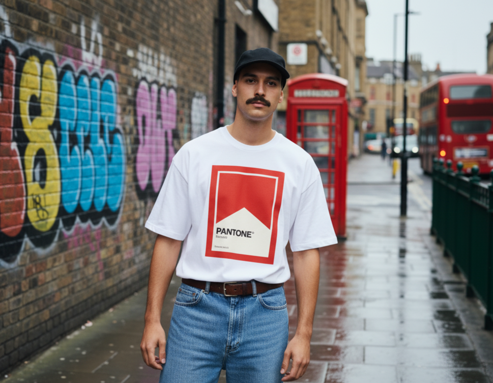 Man wearing a white t-shirt with a Pantone logo on a street with graffiti and red telephone boxes.