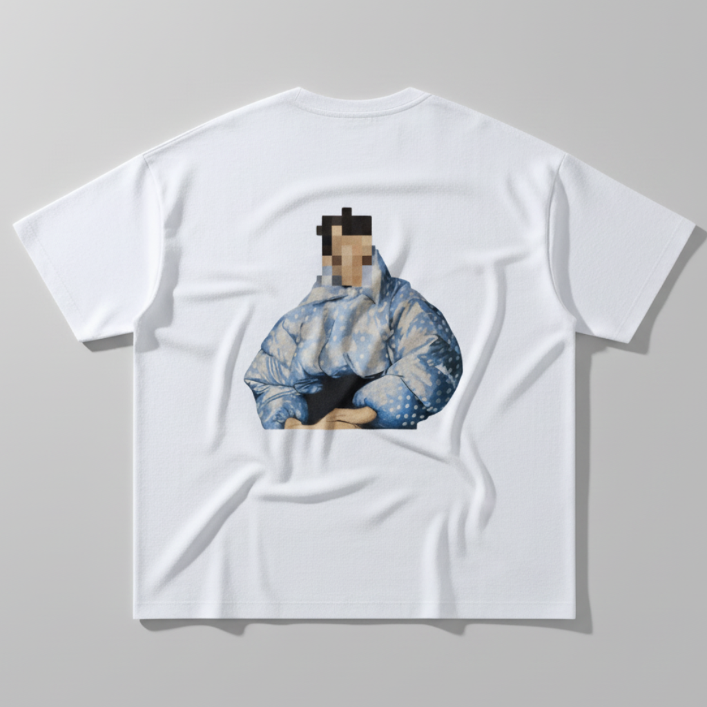 White unisex graphic T-shirt with large pixelated West End inspired artwork on back