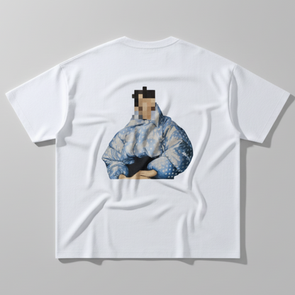 White unisex graphic T-shirt with large pixelated West End inspired artwork on back