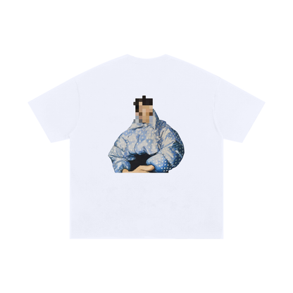 White unisex graphic T-shirt with large pixelated West End inspired artwork on back