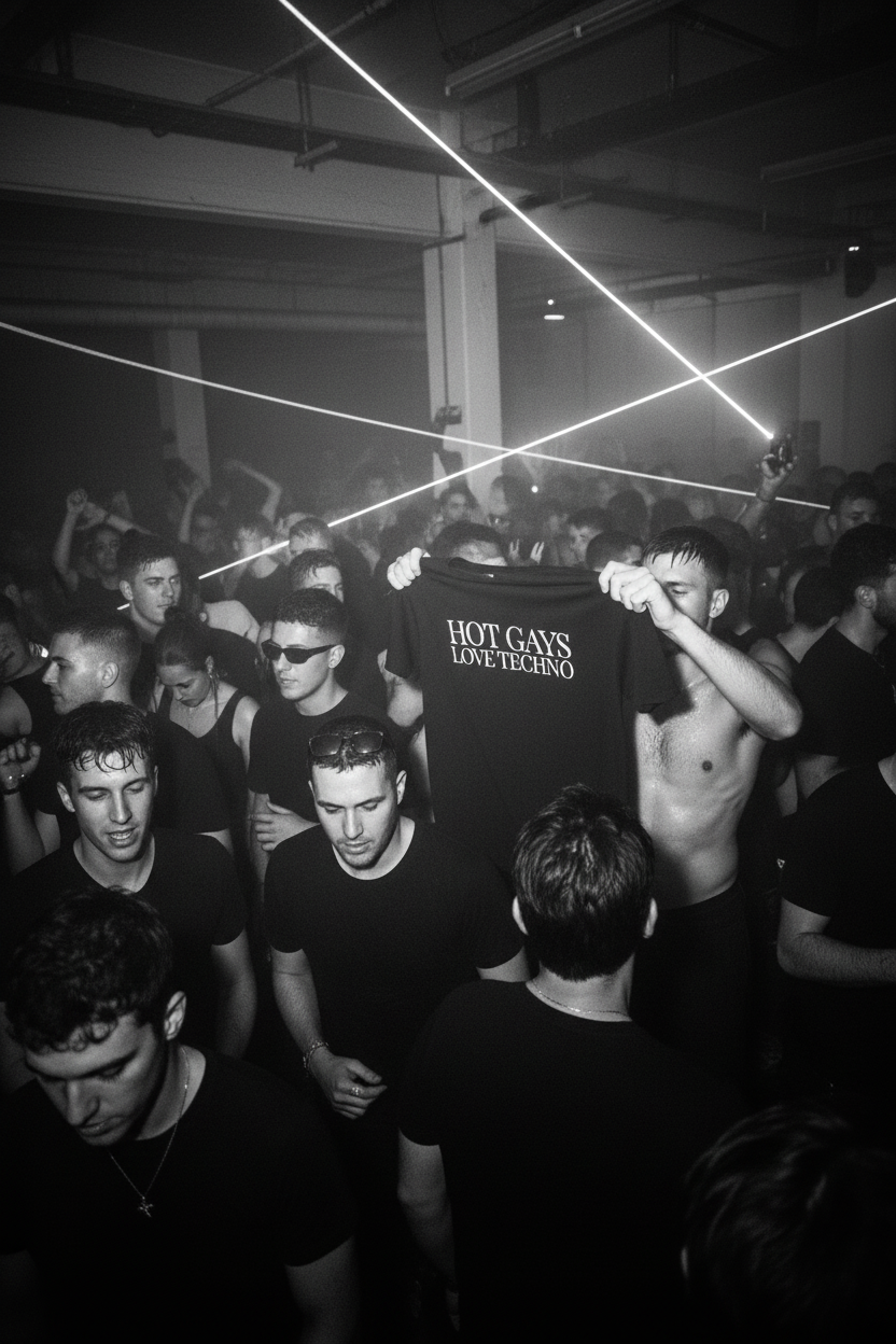 Black and white warehouse rave with shirtless guy holding up Hot Gays Love Techno tee with white lasers and wild dancing