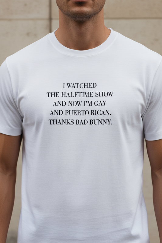 Close-up of man wearing Bad Bunny Halftime Show T-Shirt with exact design