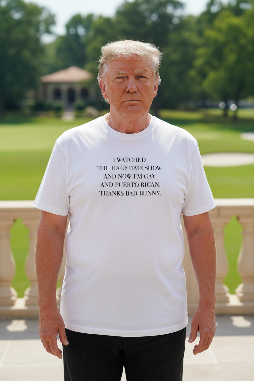 Donald Trump wearing Bad Bunny Halftime Show T-Shirt