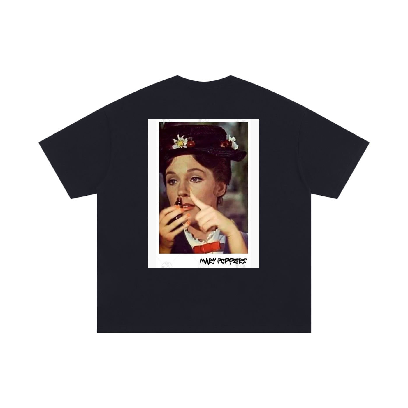 Mary Poppers graphic t-shirt black back print pop culture parody design