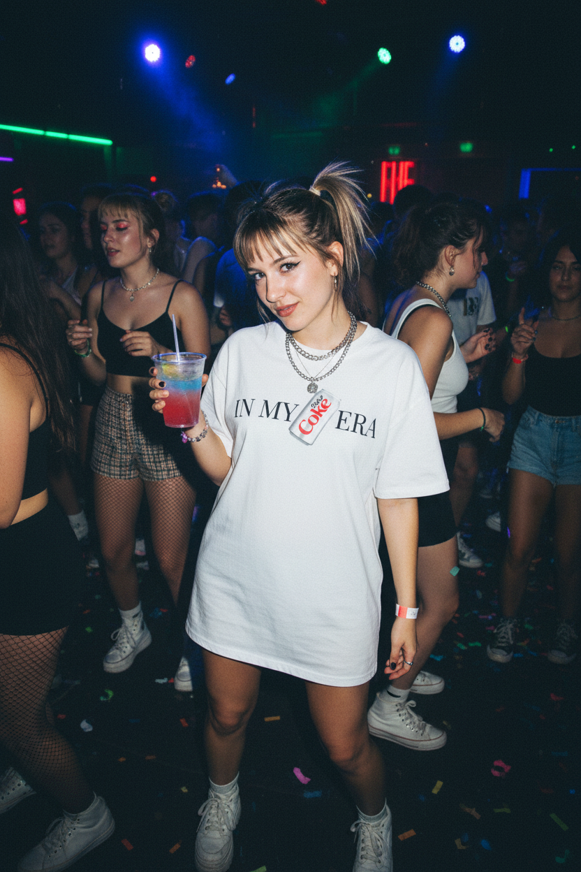 Edgy girl at rave wearing Diet Coke tee with 2000s flash photography style