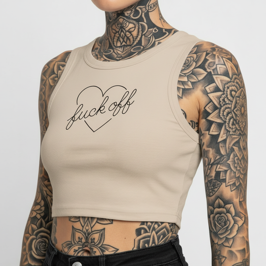 F*ck Off Heart Crop Tank – Close Up Print, Beige