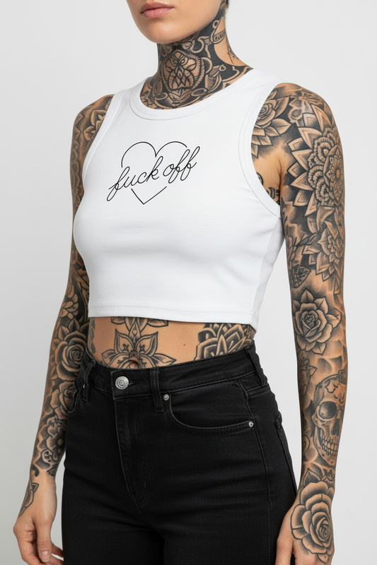 F*ck Off Heart Crop Tank – Tattooed Model