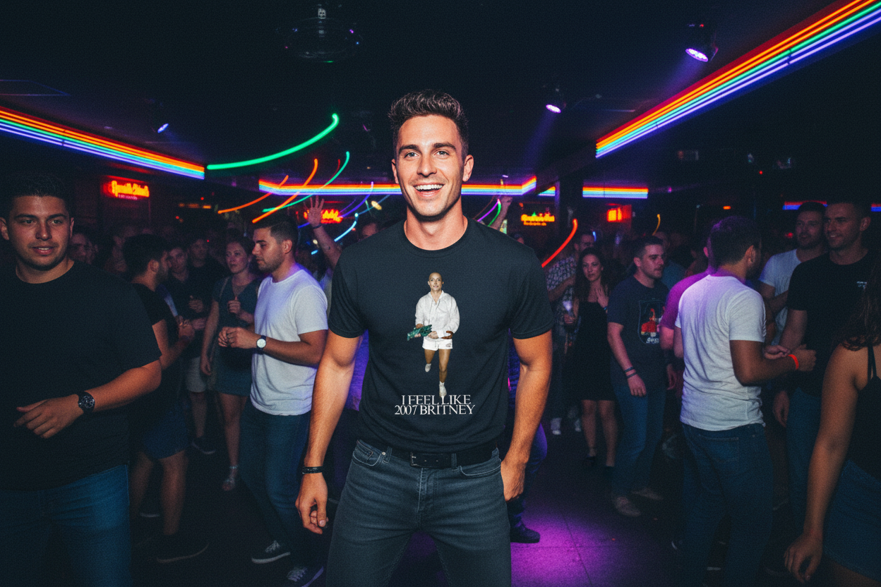 Fit guy in gay club wearing 2007 Energy Tee tucked in