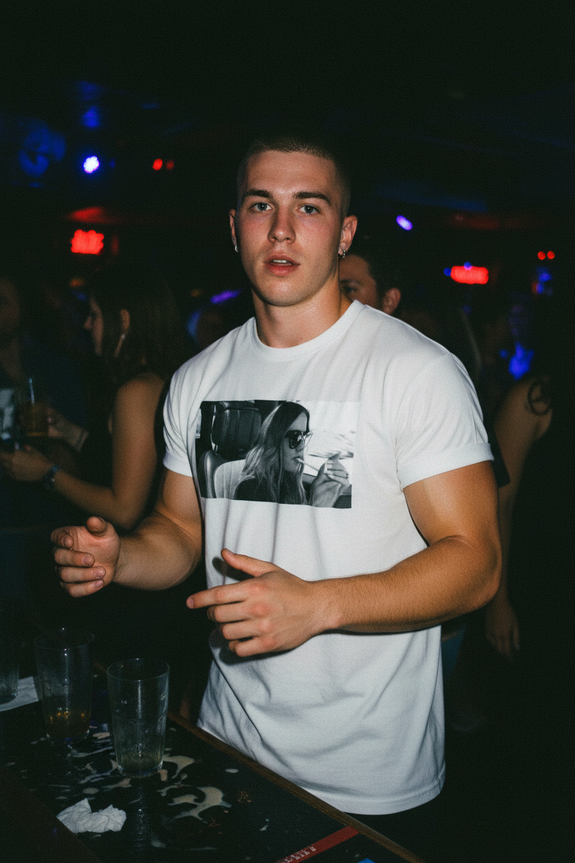 Guy with buzzcut and bigger arms wearing The Chicest Dorit Tee in gay bar with flash photography