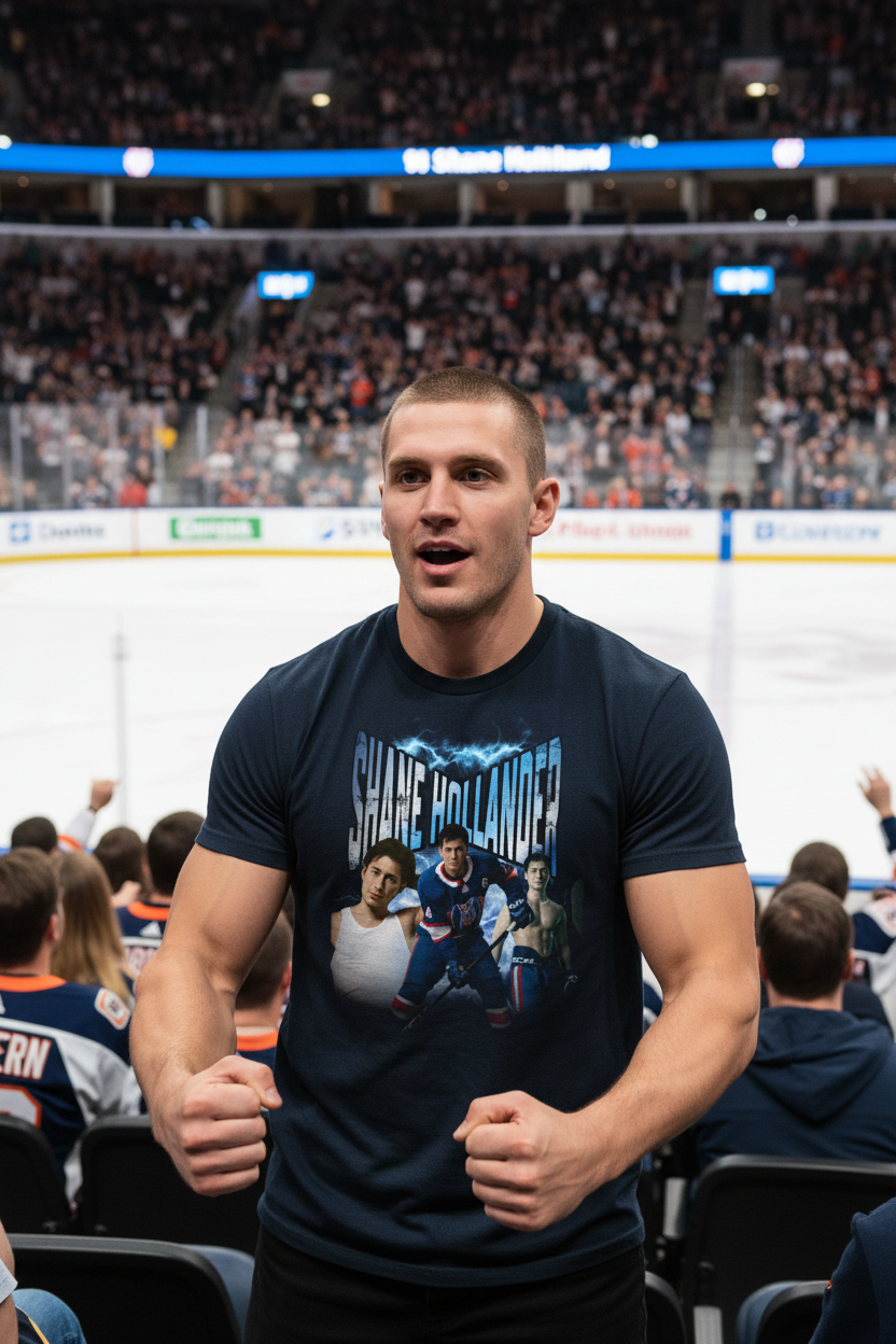 Guy with buzzcut and muscular arms at ice hockey game wearing Shane Hollander tee