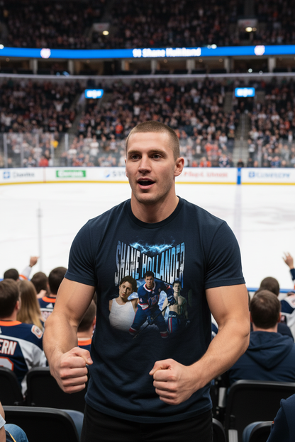 Guy with buzzcut and muscular arms at ice hockey game wearing Shane Hollander tee