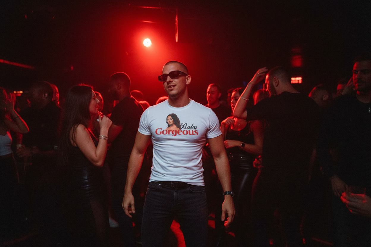 Guy with edgy sunglasses in crowded red-lit club with flash photography wearing Baby Gorgeous tee