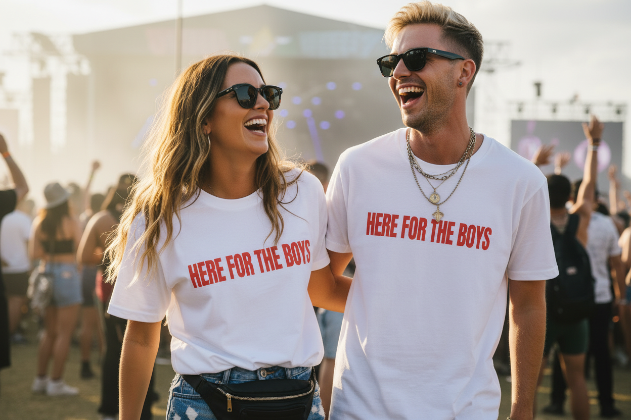 Here For The Boys Festival Friends wearing white t-shirt with here for the boys printed in red on the front
