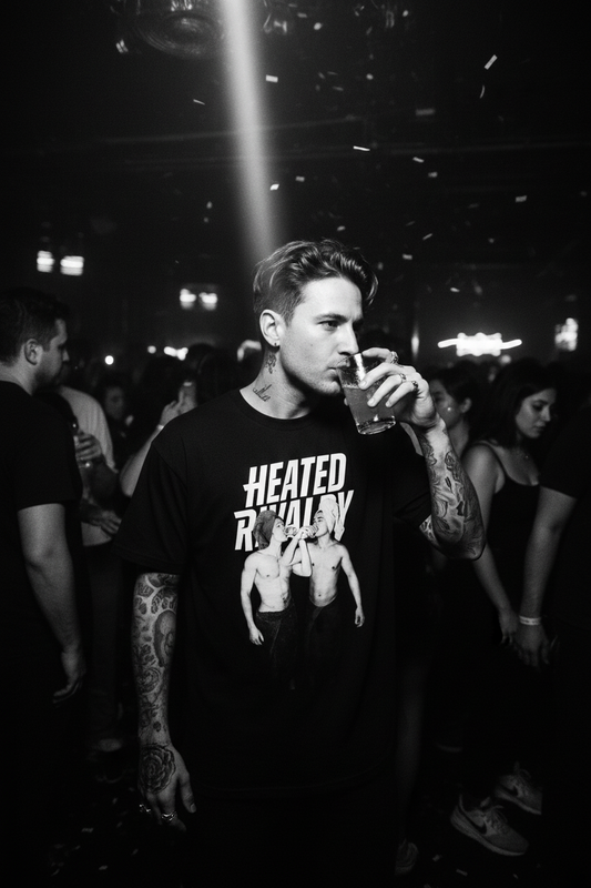 Hot edgy guy wearing Heated Rivalry tee in nightclub with black and white flash photography
