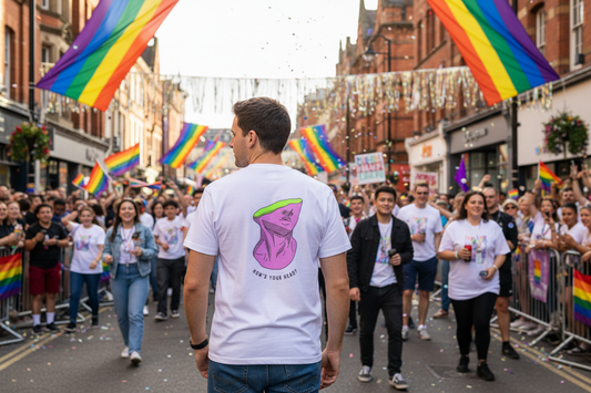 How's Your Head T-Shirt - Natural Candid Back View at Manchester Pride