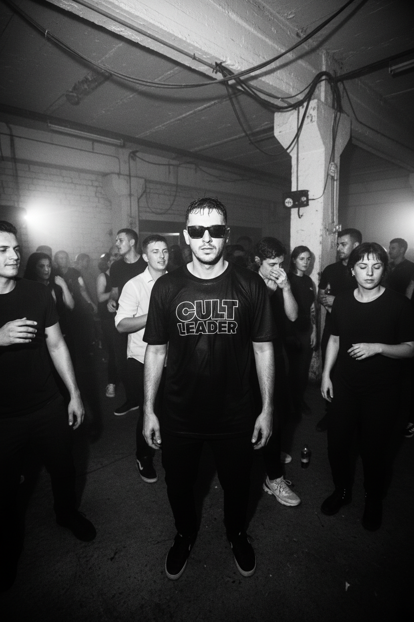 Man at warehouse techno rave in black and white wearing Cult Leader Outline tee with edgy sunglasses