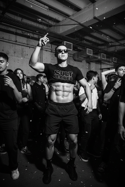 Man with good body at warehouse rave wearing fitted Cult Leader tee with black sports shorts and trainers