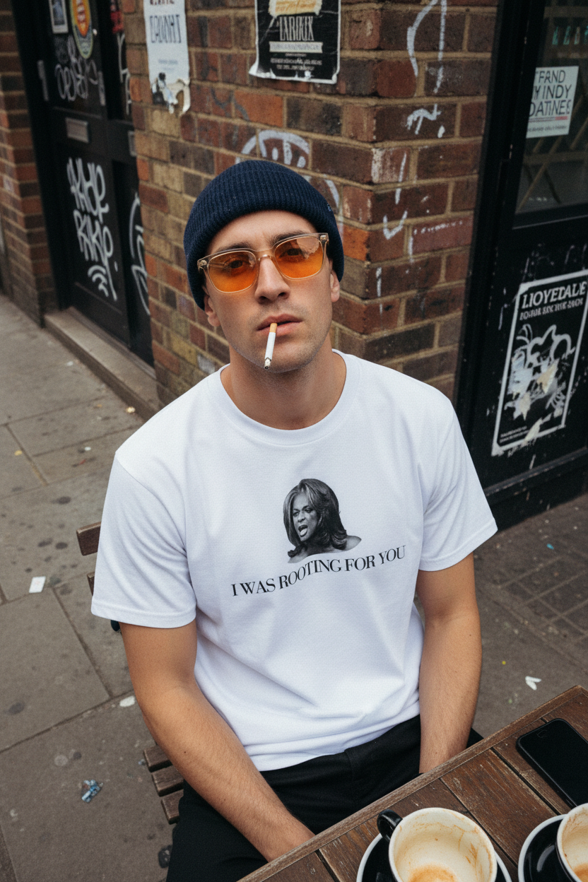 Man with hungover energy wearing Rooting For You tee