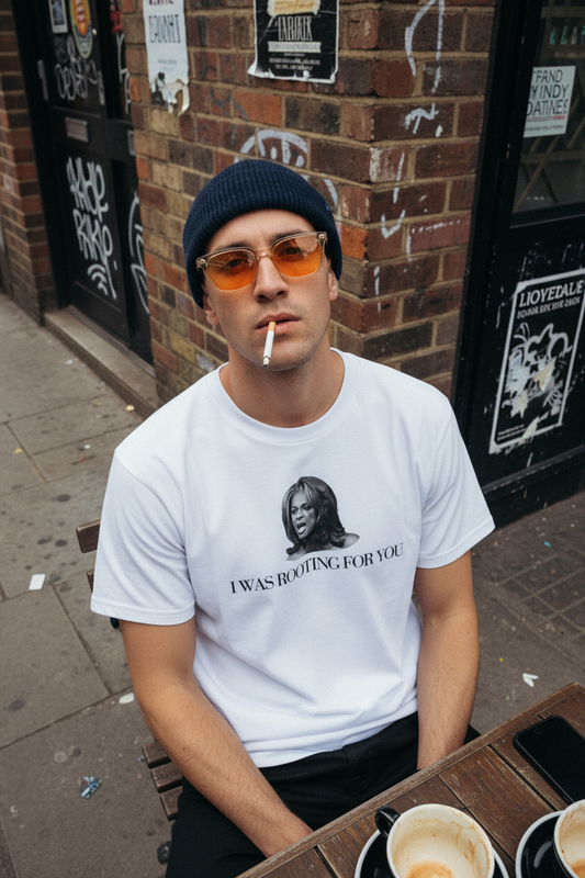 Man with hungover energy wearing Rooting For You tee