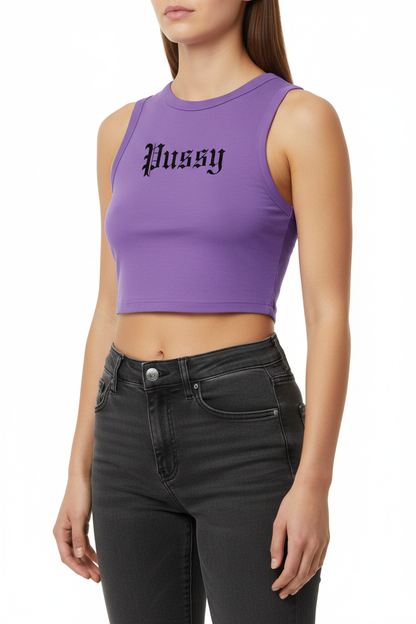Pussy Crop Tank – Purple, Female Model