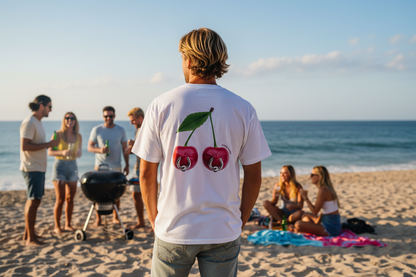 Ripe and Reckless T-Shirt White - Back View at Beach BBQ