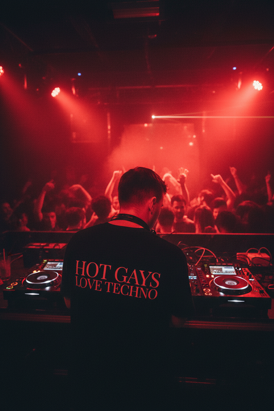 Shot from behind DJ decks with DJ wearing Hot Gays Love Techno tee mixing in red-lit sweaty rave