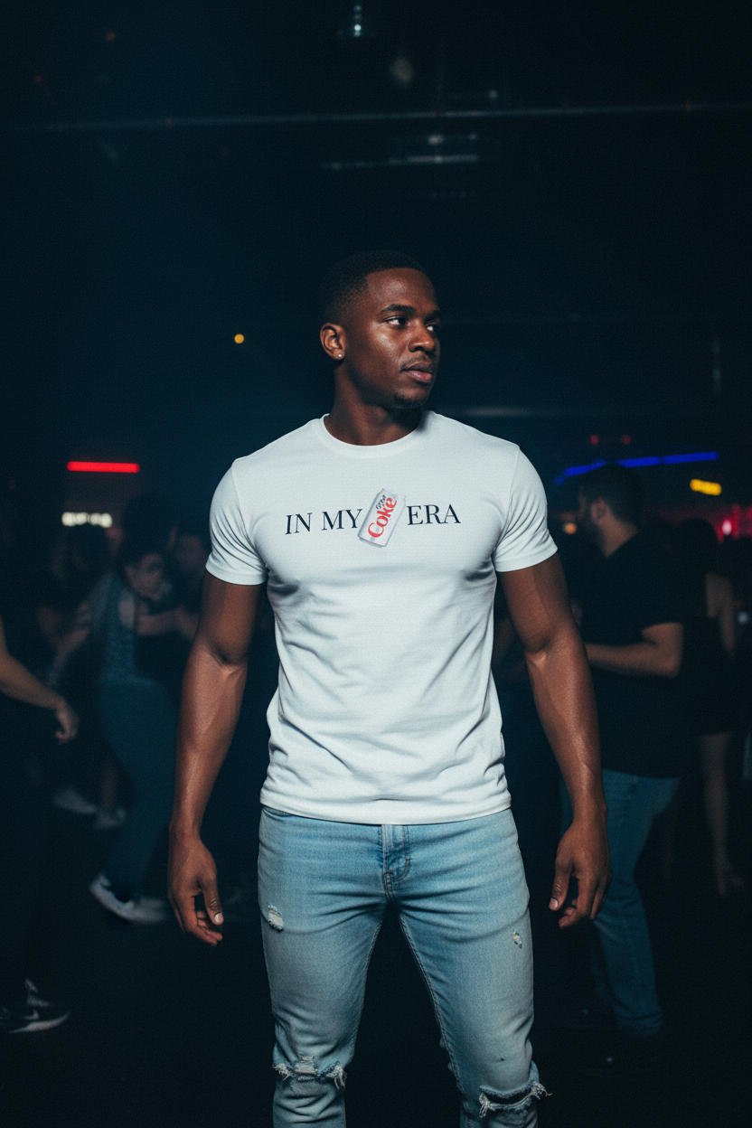 Well-built man at rave party showing Diet Coke tee front with flash photography