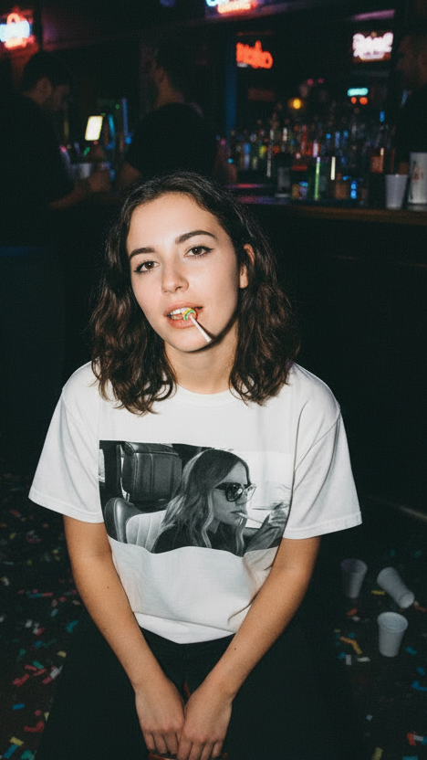 Young woman sitting down looking up at camera with lollipop wearing The Chicest Dorit Tee in gay bar flash photo